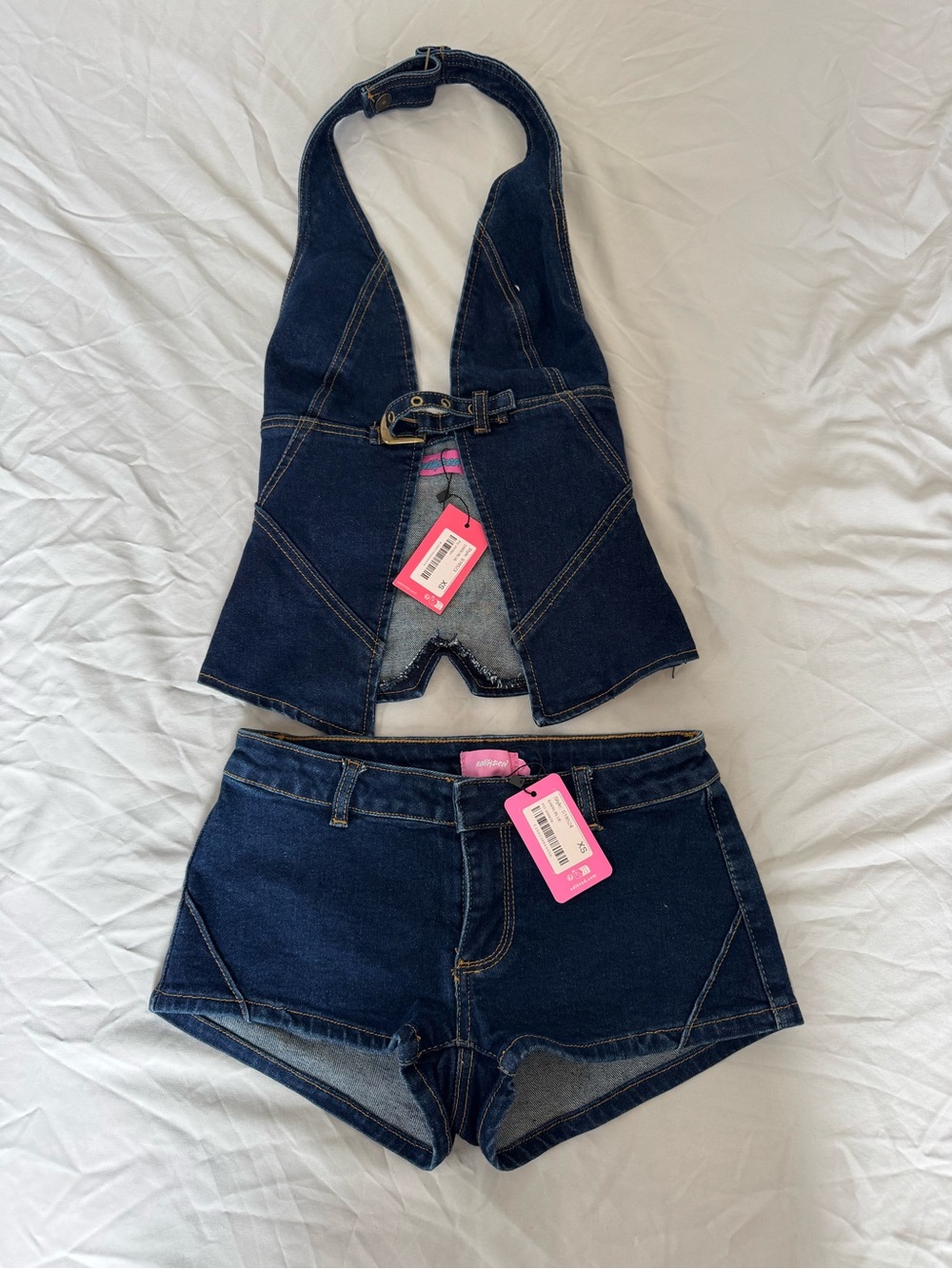 Edikted Dark Blue Denim Halter Top and Low-Rise Shorts Set
